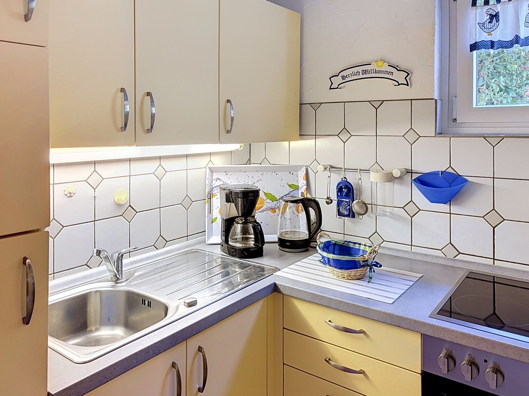 Fridge, microwave, oven, cookware/dishes/utensils