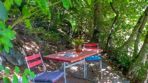 A red table with a vase and a book, two chairs, and a stone pathway in a wooded area. - Château Lapin by Interhome (Verbier)