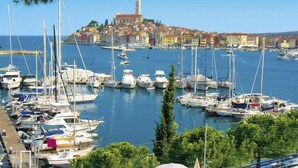 A marina with numerous boats docked, a prominent church with a tall bell tower, and colorful buildings in the background. - Romantika by Interhome (Rovinj)