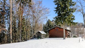 En stuga av trä med ett snötäckt tak, omgiven av höga träd och en klar himmel.