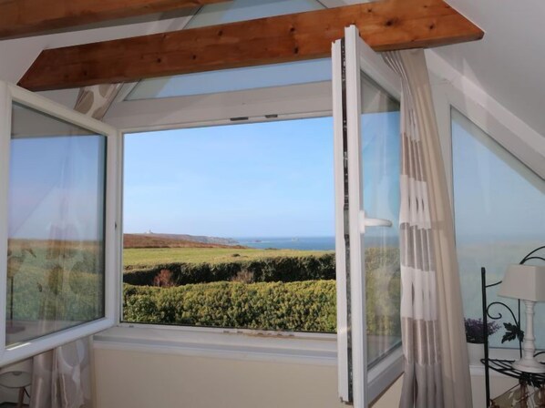 A room with a skylight, a view of the countryside, and a table with a lamp.