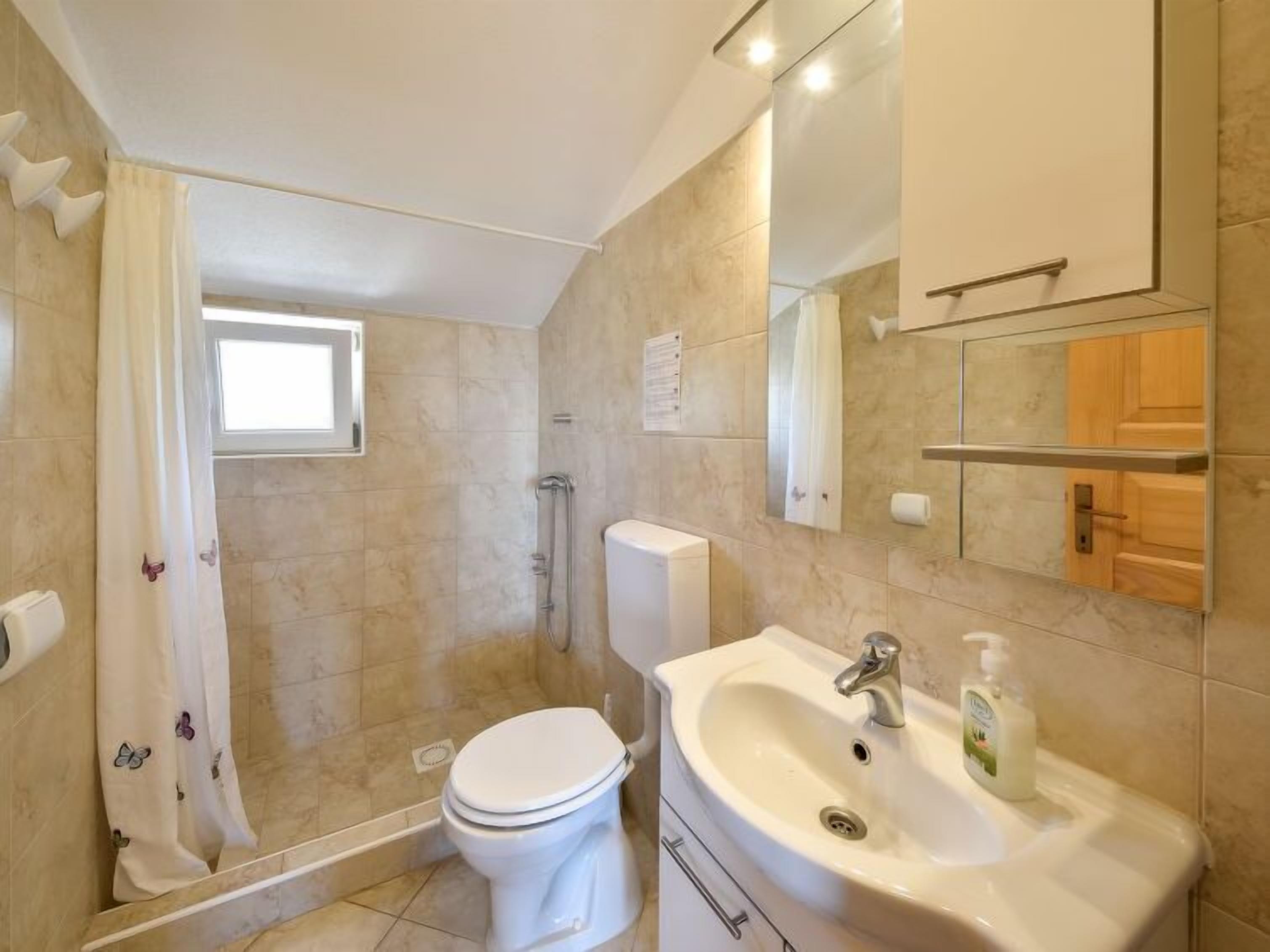 A bathroom with a shower, toilet, sink, and a mirror.