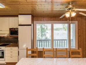 Fridge, microwave, dishwasher, cookware/dishes/utensils