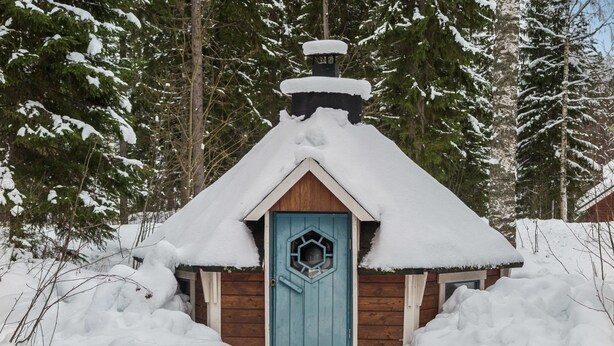A wooden cabin with a blue door and a snow-covered roof, surrounded by trees and snow. - Rentotahko by Interhome (Nilsiä)