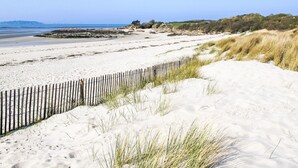 A sandy beach with a wooden fence and dunes.