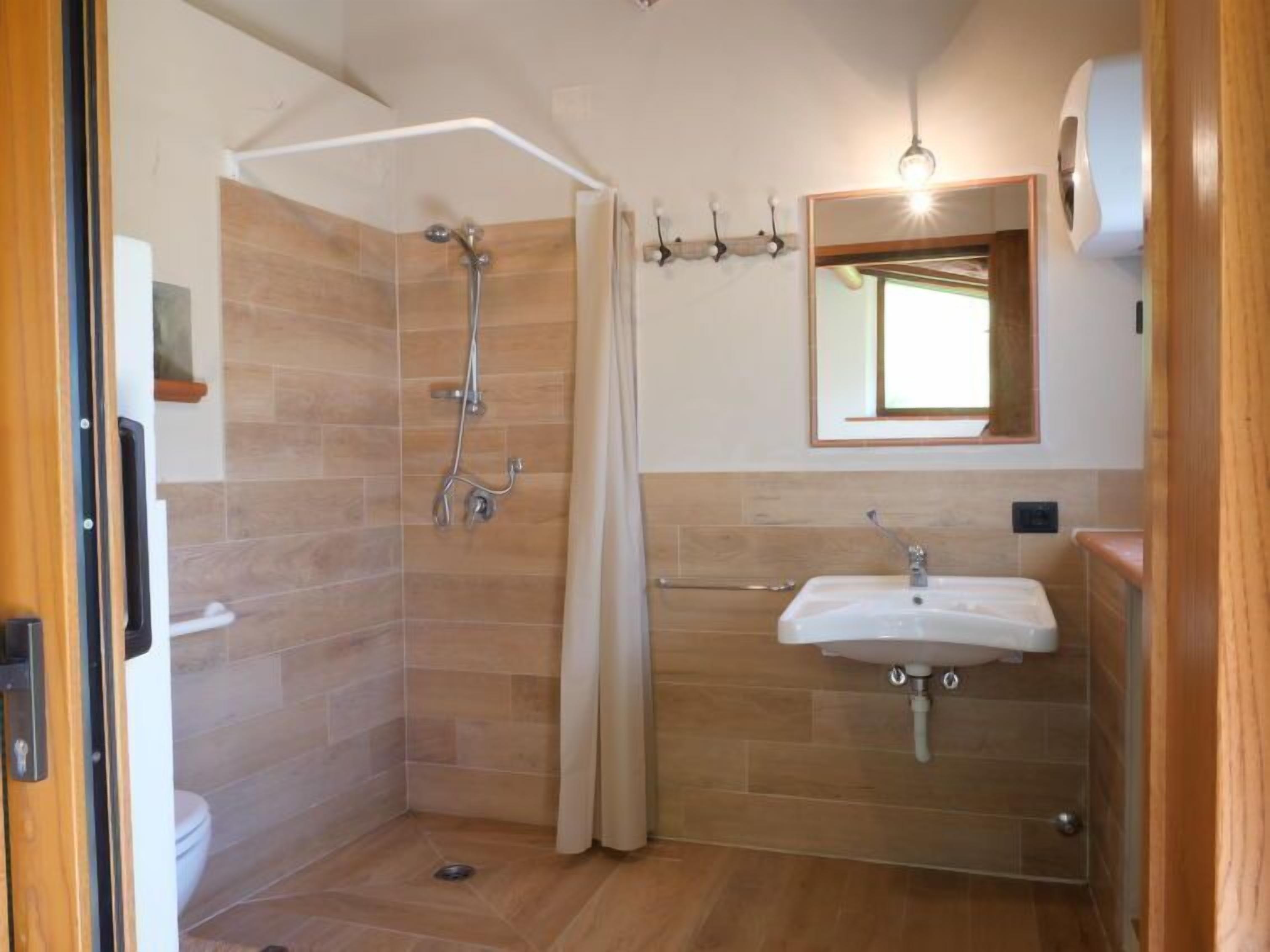 A bathroom with a shower, a sink, and a mirror.