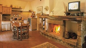 Un salon chaleureux avec une cheminée en pierre, des meubles en bois et un téléviseur.