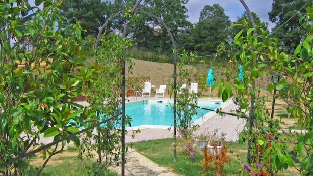 A pool area with a clear path leading to a pool surrounded by greenery and potted plants. - Torregentile by Interhome (Todi)