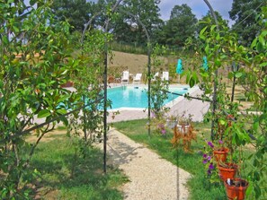 A pool area with a clear path leading to a pool surrounded by greenery and potted plants. - Torregentile by Interhome (Todi)