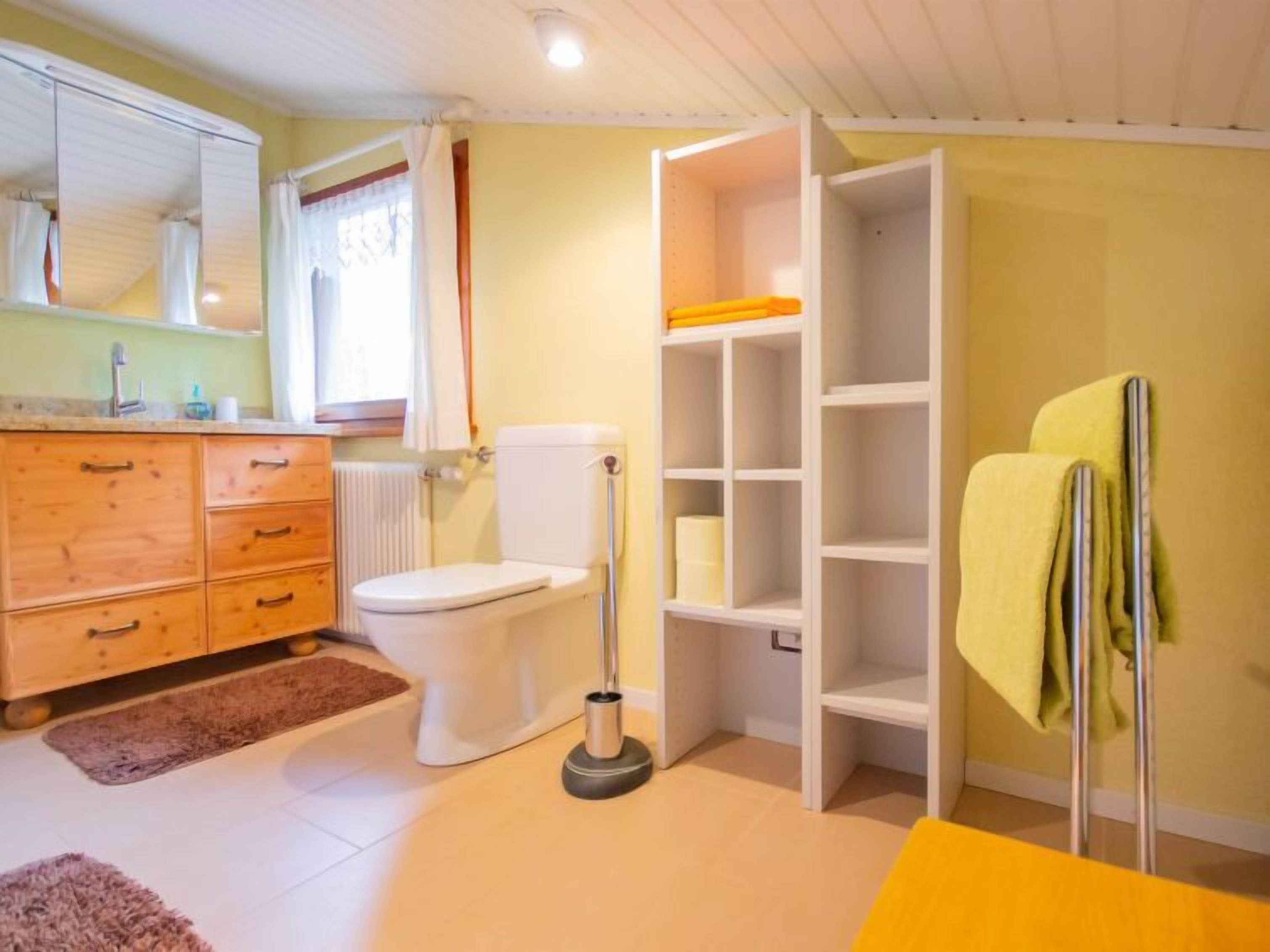 A bathroom with a toilet, a sink with a mirror, a shelf with towels, and a floor mat.