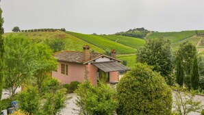 Une maison rose, dotée d’un toit en pente, entourée d’une végétation luxuriante et de vignobles.