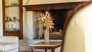 Una sala de estar con chimenea, un sofá blanco y una mesa con un jarrón de plantas secas.