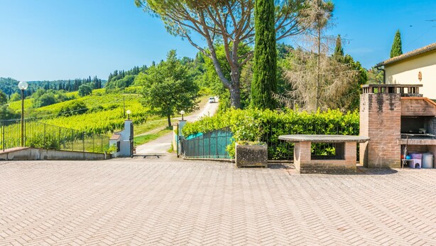A paved courtyard with a stone bench, a brick barbecue area, and a gate leading to a vineyard.