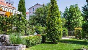 A well-maintained garden with a variety of plants and a lawn.