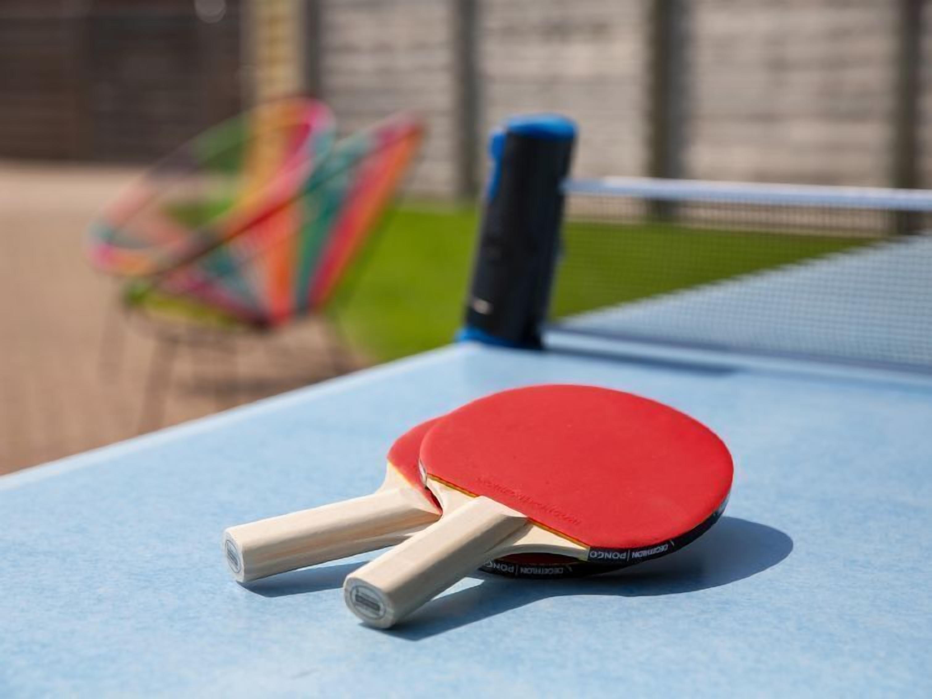 Een tafeltennistafel met twee rode schepnetten en een blauwe schepnet op de achtergrond.