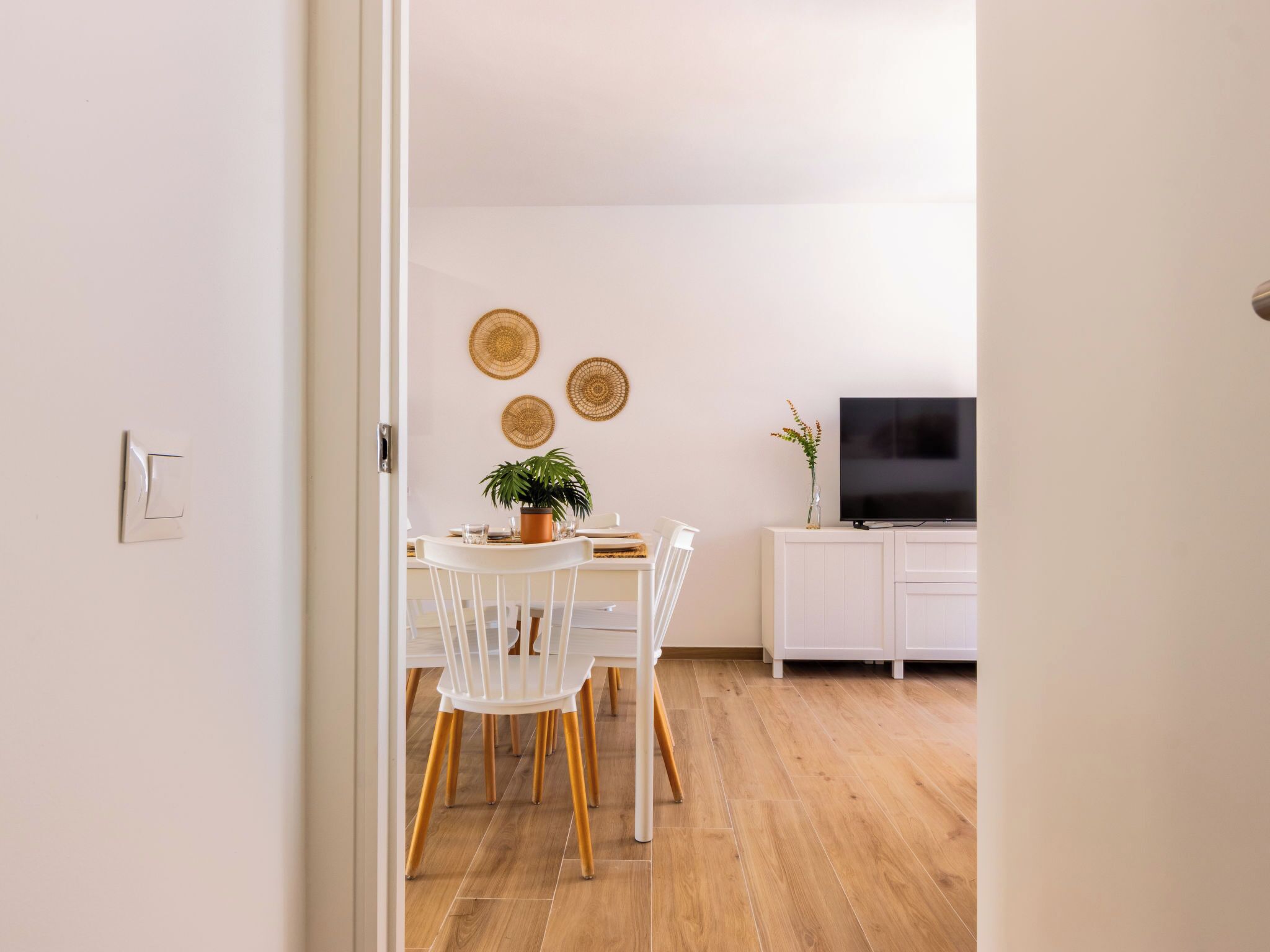 Un comedor con una mesa, sillas, una planta en maceta y un televisor sobre un mueble.