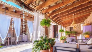 Patio esterno con tetto in legno, piante in vaso, un divano e un'area pranzo con sedie e tavolo.