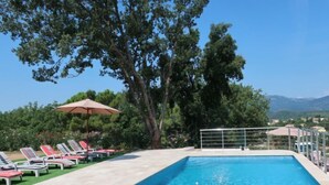 Et rektangulært swimmingpool med fliseterrasse, omgivet af liggestole og en parasol.