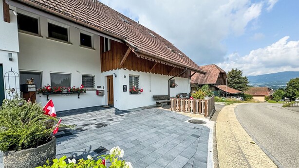 A traditional chalet with a tiled roof, a stone-paved entrance, and a view of the surrounding landscape.