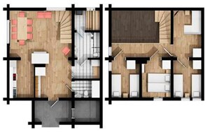 A floor plan of a hotel with a dining area, kitchen, and multiple bedrooms.