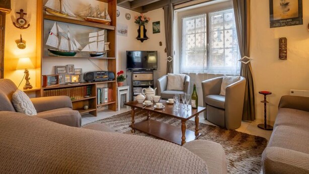 A cozy living room with a fireplace, a bookshelf, a television, and comfortable seating. - Saint Ideuc by Interhome (Saint Malo)