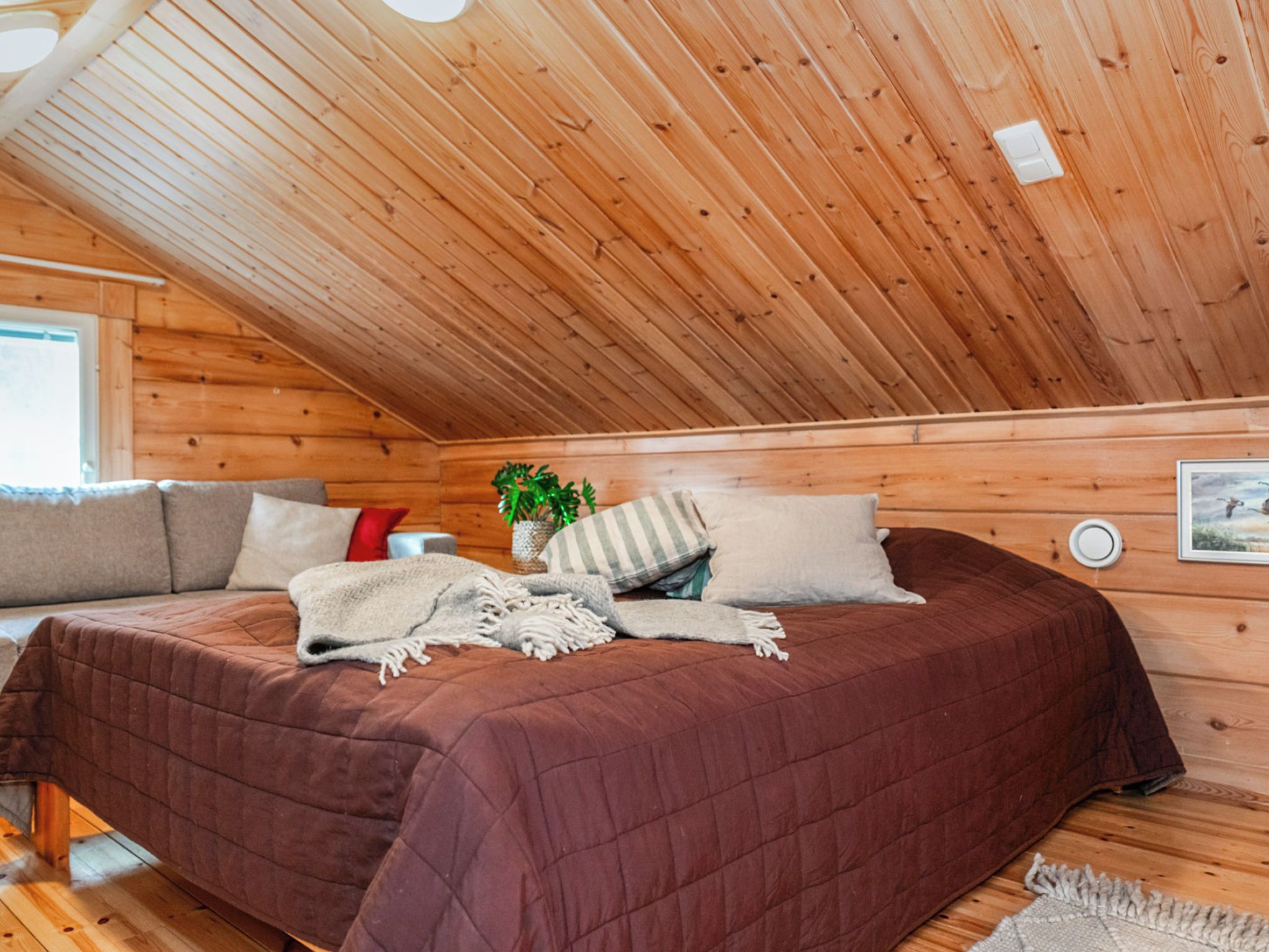 A cozy bedroom with a sloped ceiling, wooden walls, two beds with red and white bedding, a small plant, and a framed picture on the wall.