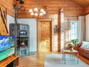 A cozy cabin interior with a fireplace, wooden walls, a sofa, and a table with a plant. - Vacation home Ojala by Interhome (Kuusamo)