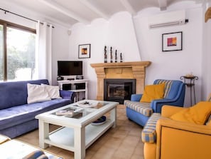 Televisión, chimenea y reproductor de DVD 