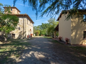 A stone building with a rustic facade, a paved driveway, and surrounding greenery.