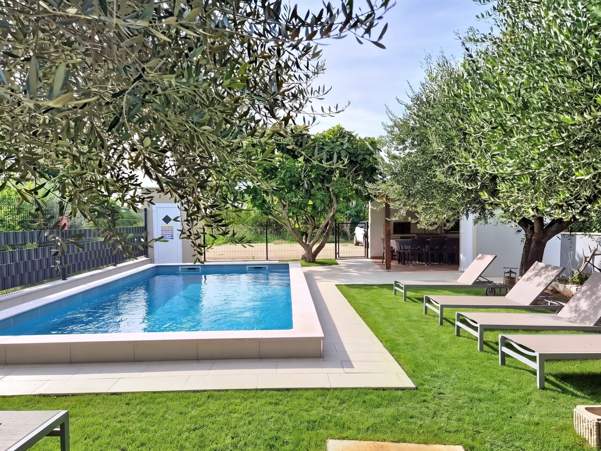 A swimming pool surrounded by grass, with lounge chairs and a tree in the background.