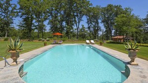 A rectangular swimming pool with a stone deck, surrounded by a well-maintained lawn and trees. - Tenuta Farneta by Interhome (Lucignano)
