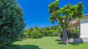 Un jardín bien cuidado con diversas especies de árboles y arbustos, un cielo azul despejado y un edificio con fachada blanca y detalles de piedra.