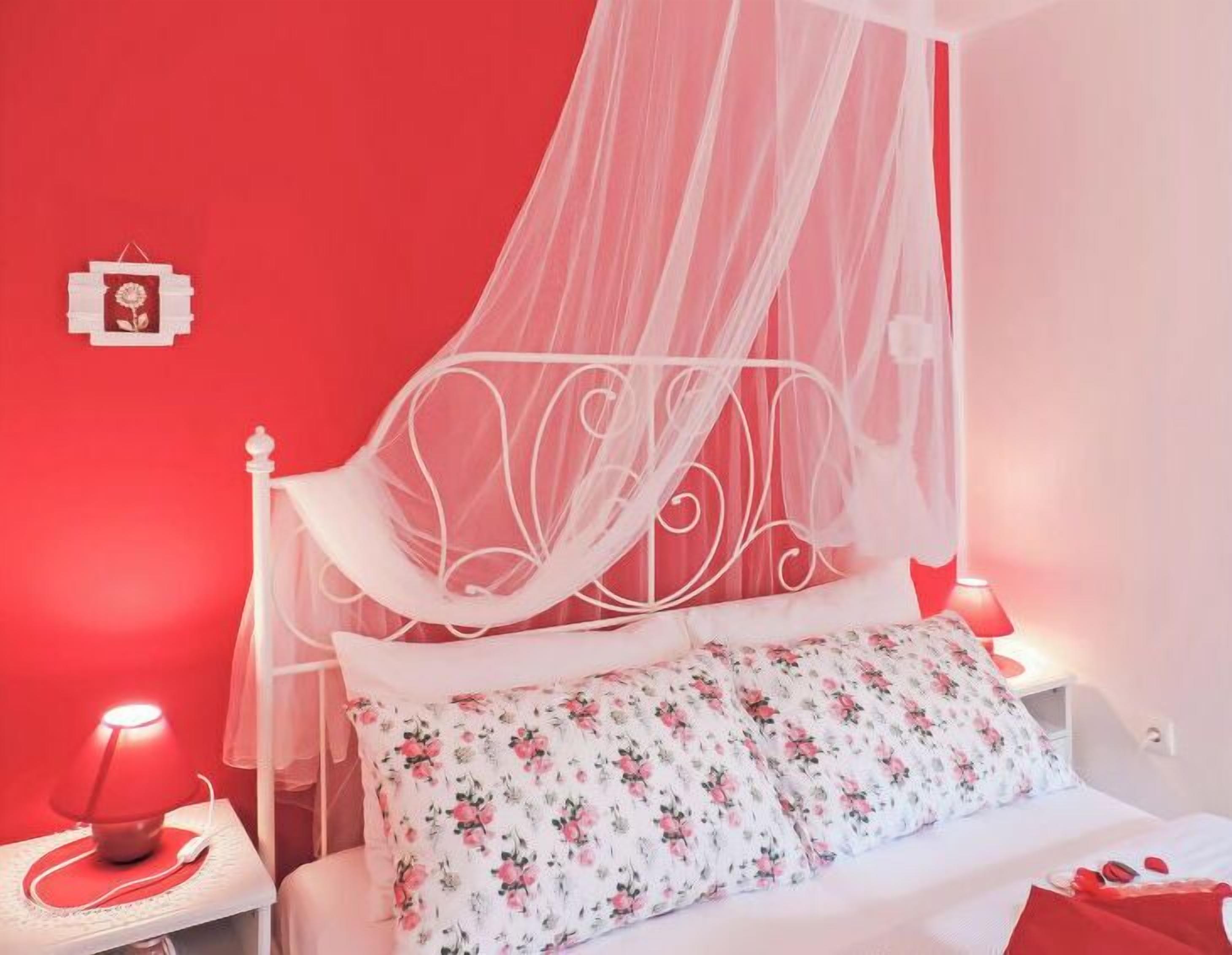 Un lit avec un cadre en métal blanc et un ciel de lit, un coussin à motifs floraux et une table de chevet avec une lampe rouge.