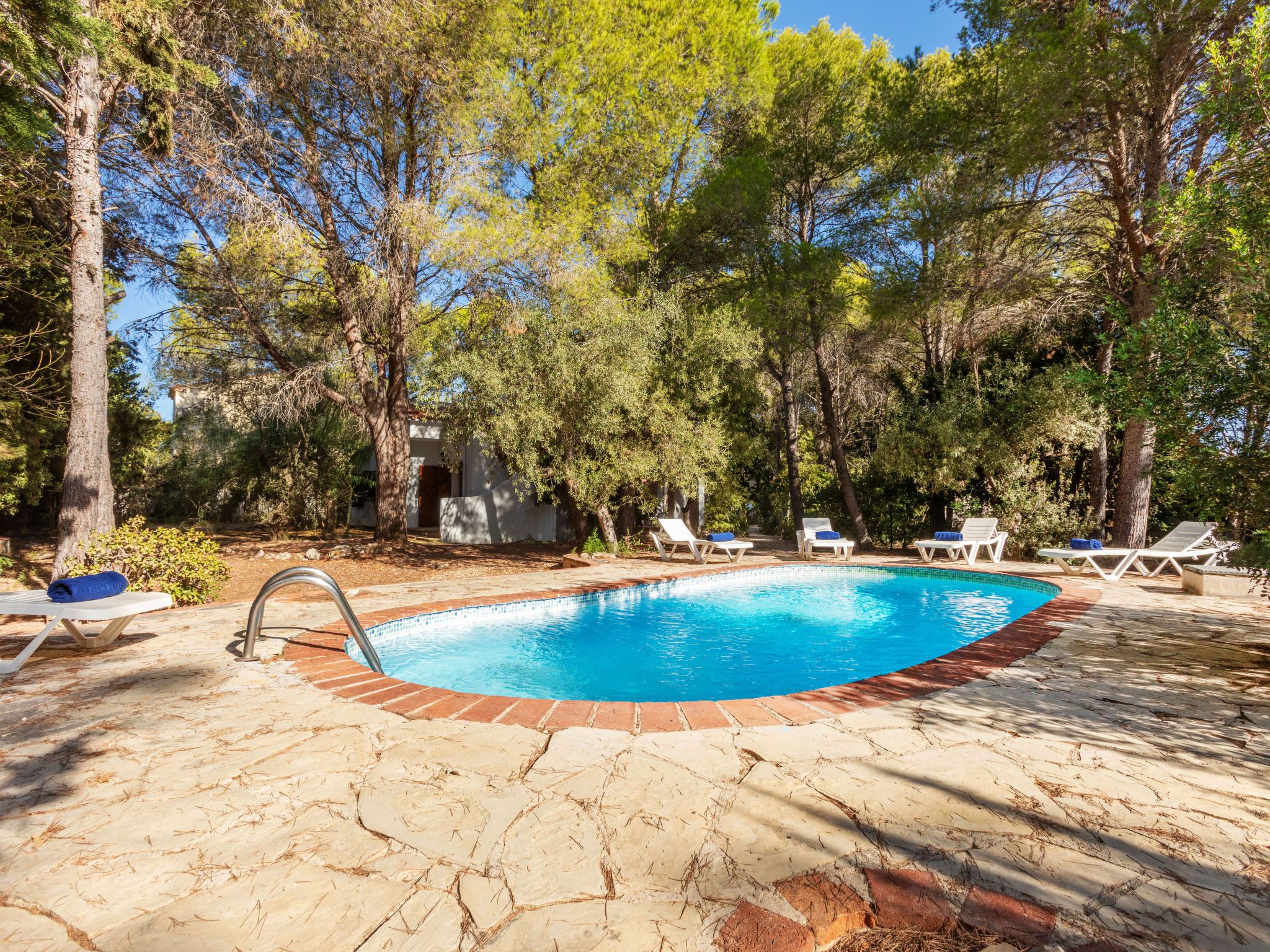 A swimming pool with a brick edge, surrounded by trees and white lounge chairs.