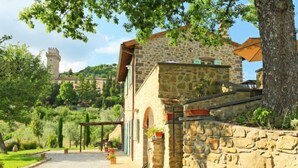 Un edificio de piedra con aspecto rústico, una construcción de techo de paja al fondo y un camino empedrado que lleva a una puerta de madera.