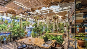 An indoor space with tables and chairs, surrounded by shelves with books and potted plants. - Sanssouci Kep (Kep)
