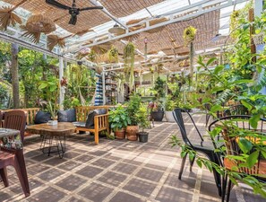 A greenhouse-style cafe with tables and chairs, surrounded by various potted plants and hanging greenery. - Sanssouci Kep (Kep)