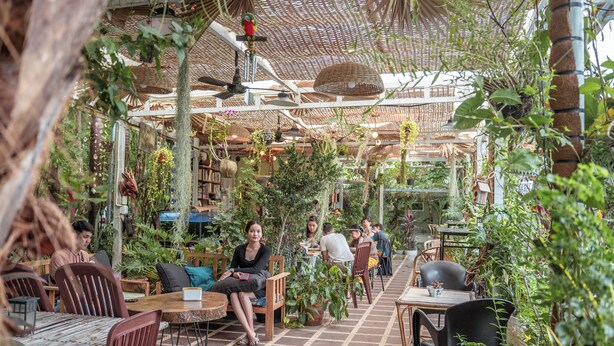 An indoor garden cafe with wooden furniture, potted plants, and a thatched roof. - Sanssouci Kep (Kep)