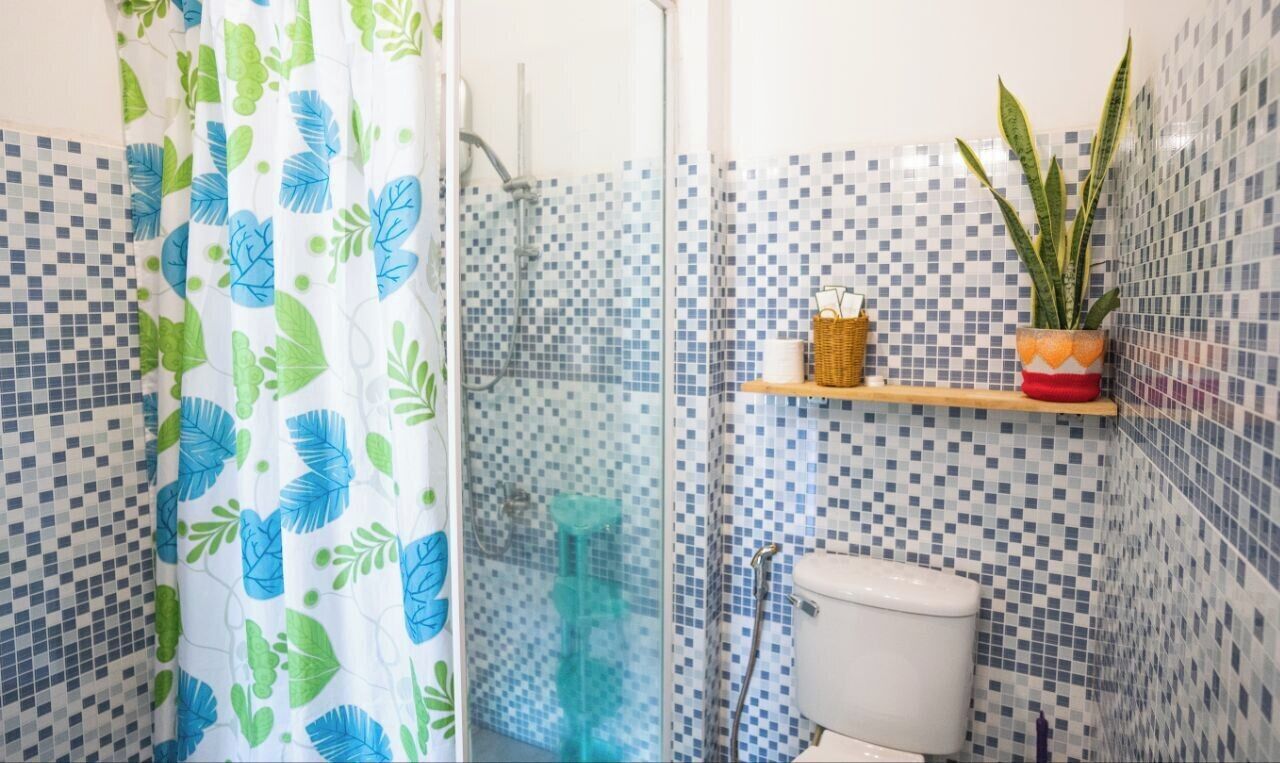 A bathroom with a shower, toilet, and a shelf with plants and toiletries.