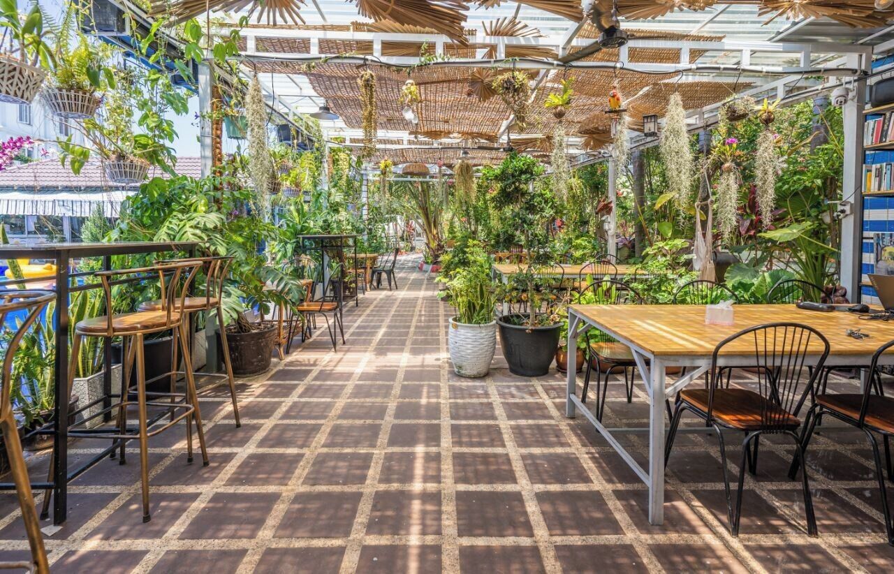 An indoor garden cafe with tables and chairs, surrounded by various plants and hanging baskets.