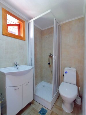 Combined shower/tub, hair dryer, bidet, towels
