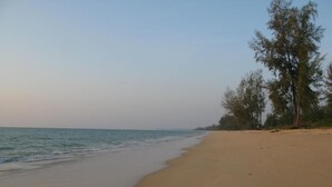 Ein Strand mit blauem Himmel, ruhiger See und Bäumen am Ufer.