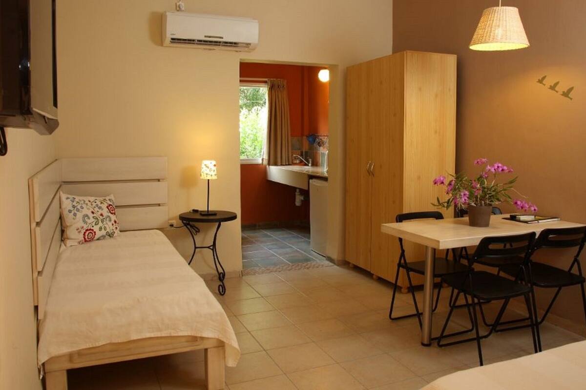 A bedroom with a bed, bedside table, lamp, and an air conditioning unit. There is a small kitchenette with a sink and a wooden cabinet.