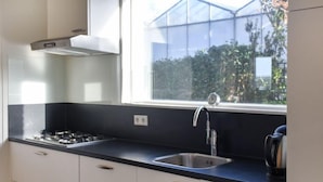 Une cuisine moderne équipée d’une cuisinière à gaz, d’un évier en acier inoxydable et d’une fenêtre donnant sur un espace verdoyant.