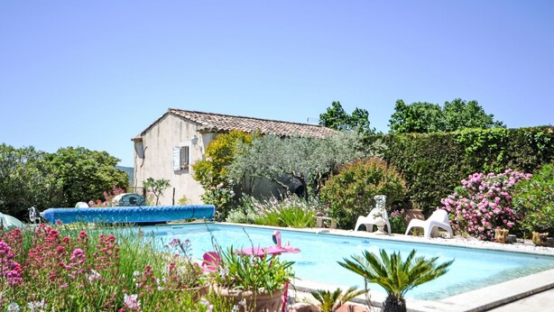 Zona de piscina con una piscina azul cristalina, rodeada de plantas y flores en macetas.