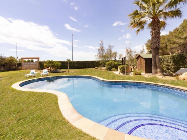 Una piscina curva con borde de azulejos, rodeada por un césped y palmeras.