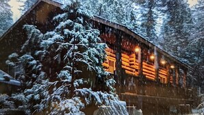 Una cabaña de troncos con un interior cálido, rodeada de árboles cubiertos de nieve.