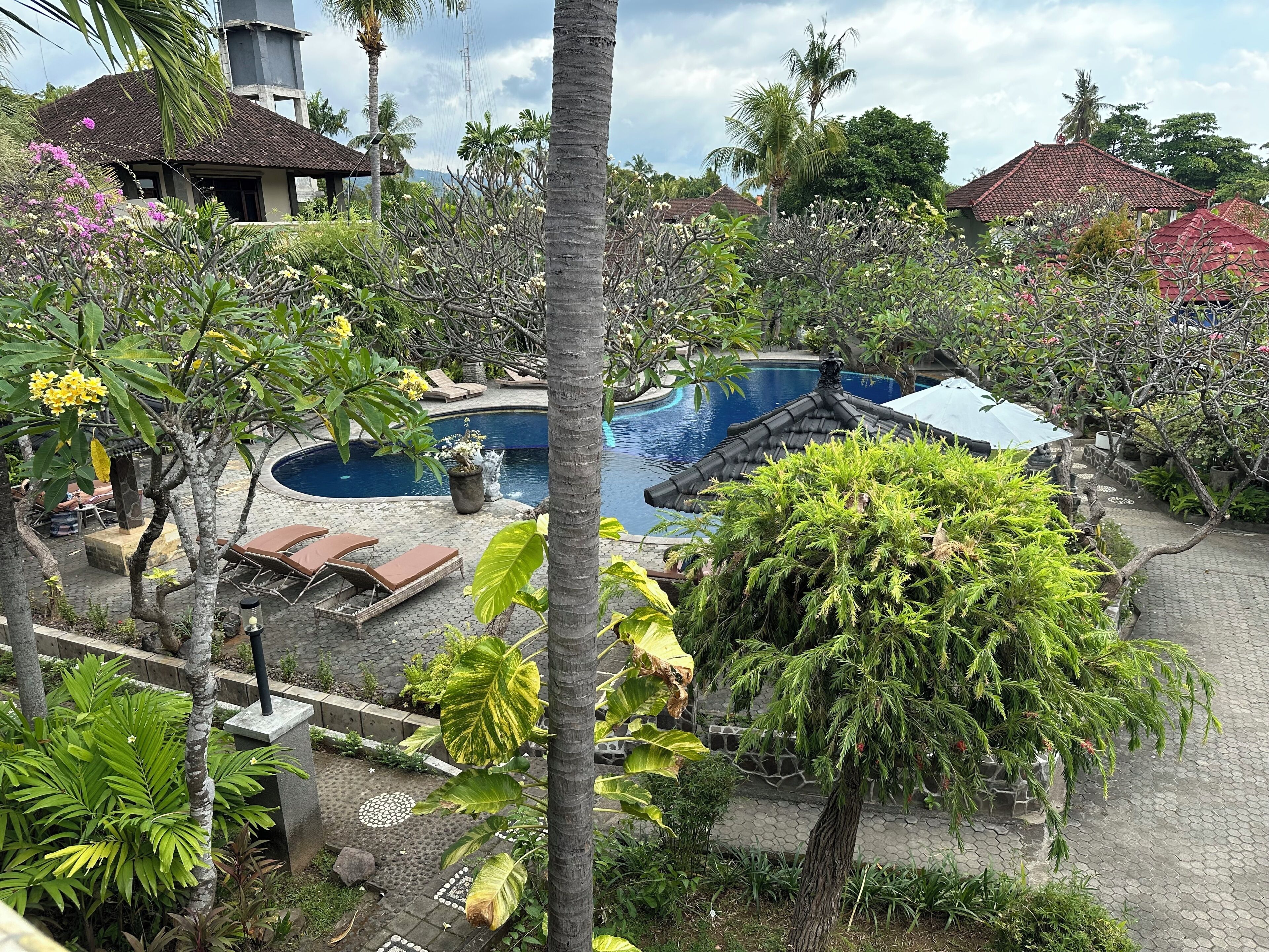 A pool area with lounge chairs, a small building, and tropical vegetation.