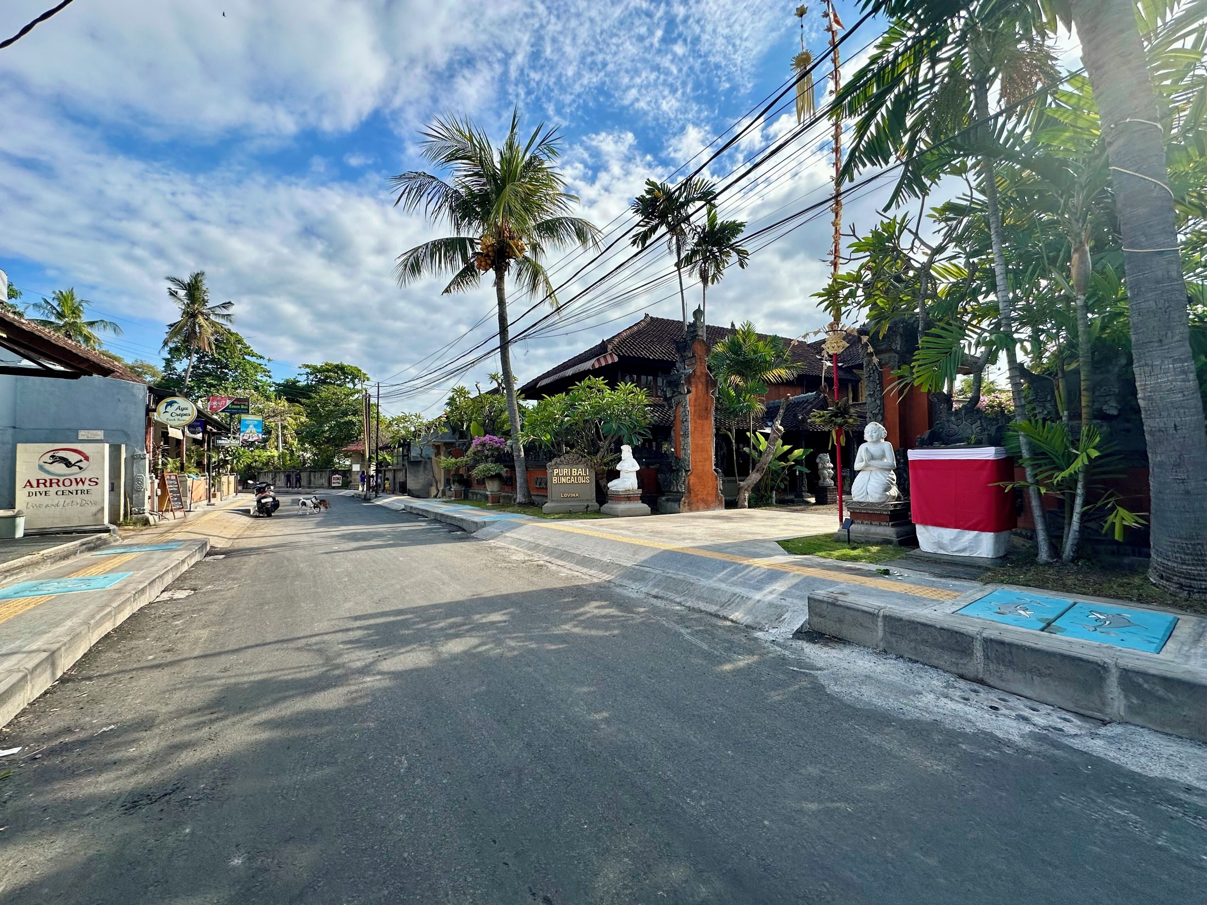 A street with a restaurant named 'Arrows Dive Centre' on the left, a sign for 'Puri Bali Bungalows' in the center, and a statue of a woman on the right.