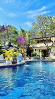 Piscina externa, funciona das 8h às 20h, espreguiçadeiras